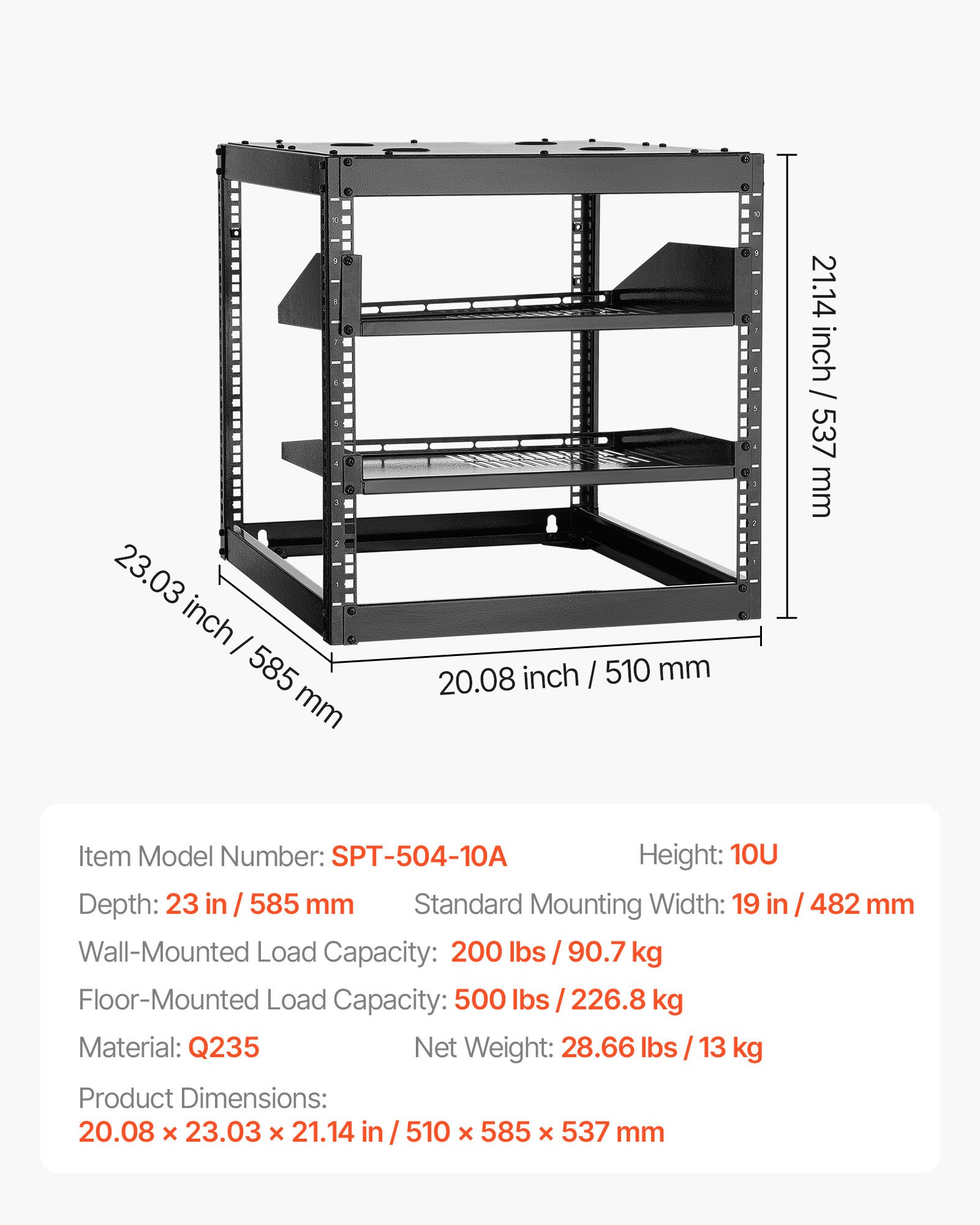 10U avatud raamiga võrguriiul, 585 mm sügavus, 90,7 kg