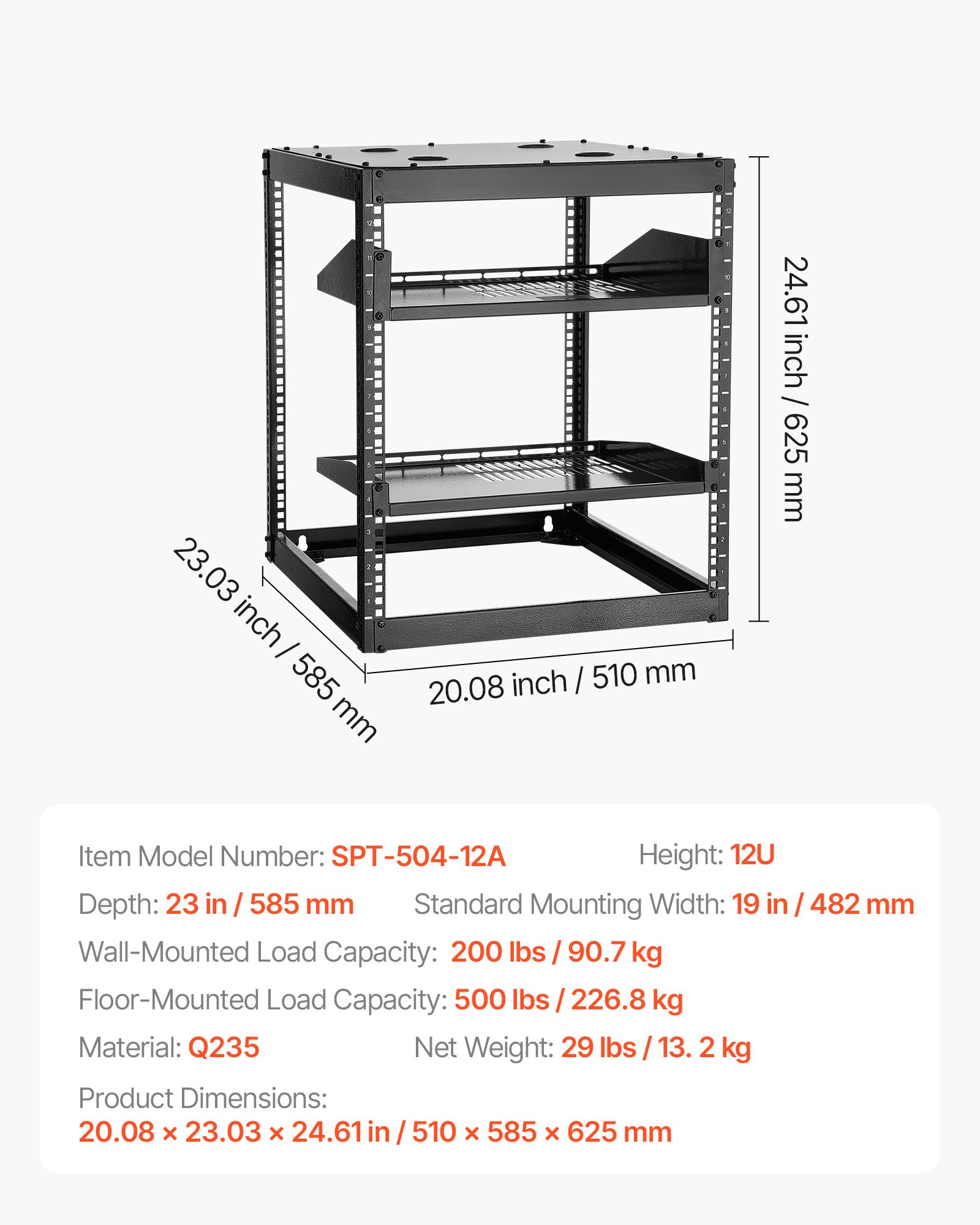 12U avatud raamiga võrguriiul, 585 mm sügavus, 90,7 kg