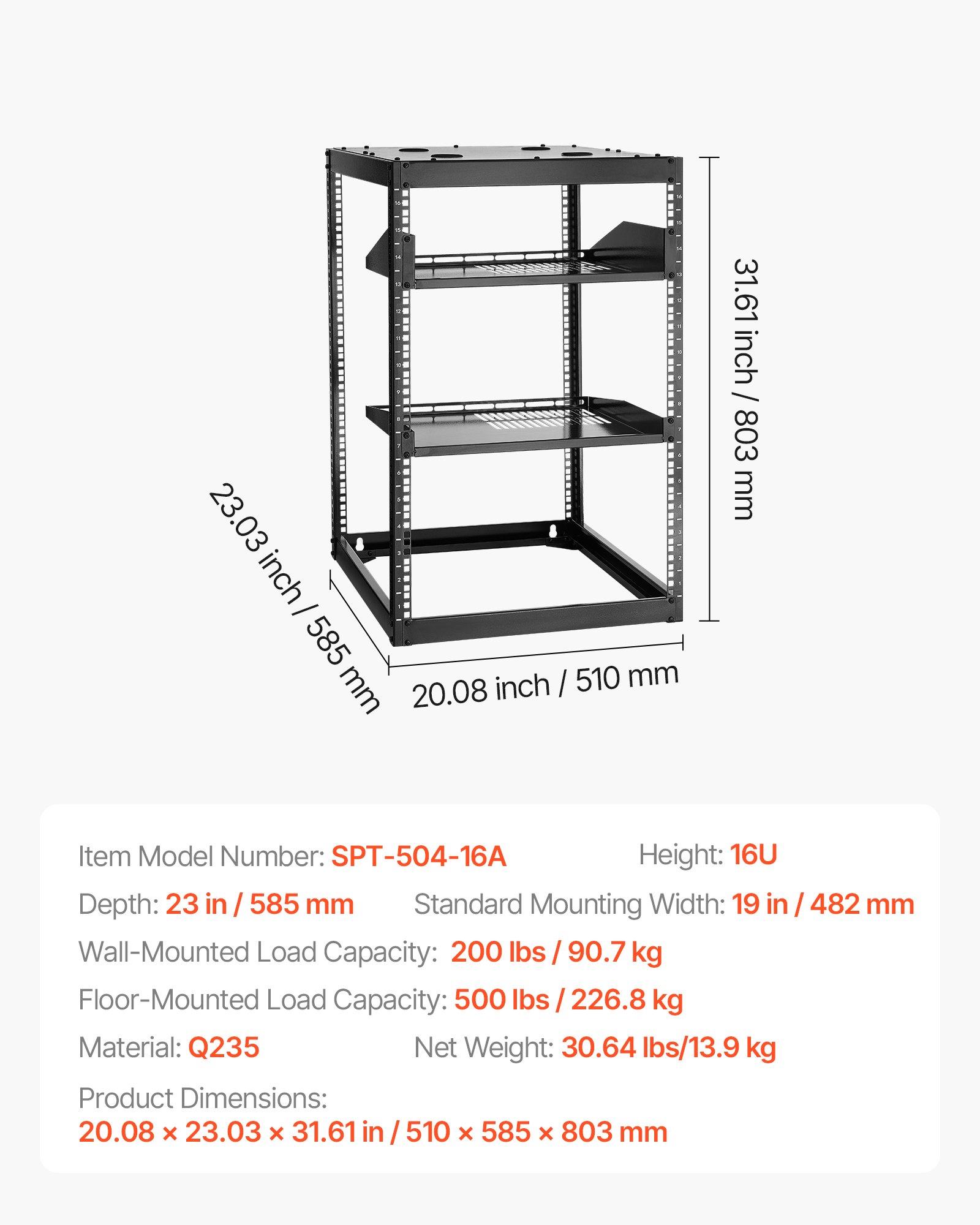 16U avatud raamiga võrguriiul, 585 mm sügavus, 90,7 kg