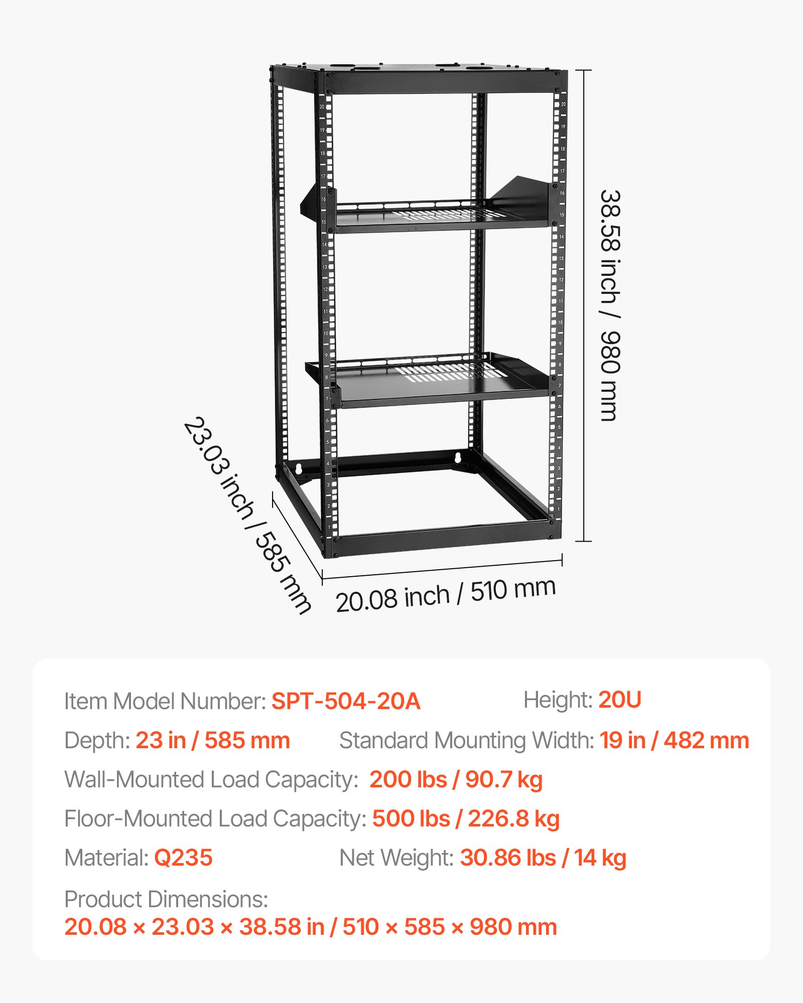 20U avatud raamiga võrguriiul, 585 mm sügavus, 90,7 kg