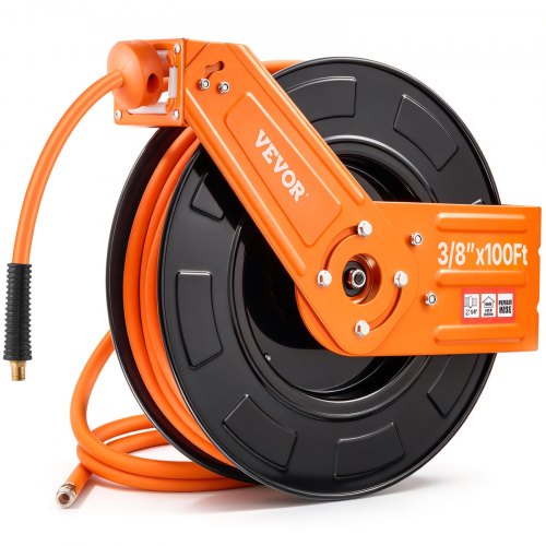 VEVOR Retractable Air Hose Reel, 3/8IN x 100FT Rubber Air Hose Max 300PSI, Air Compressor Hose Reel Auto-Rewind with 5FT Lead in, Ceiling/Wall Mount Heavy Duty Single Arm Steel Reel, 1/4" NPT Fitting