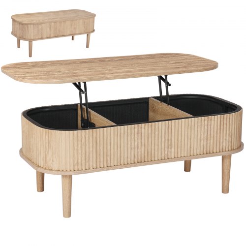 VEVOR 39.4in Lift Top Coffee Table Fluted Oval Desk Hidden Compartment Burlywood