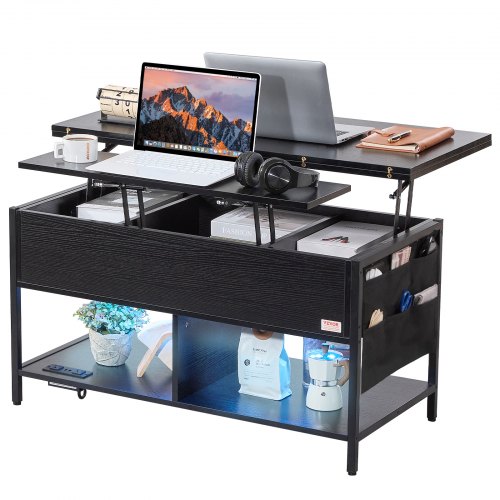 VEVOR Table basse avec plateau relevable, 1000 mm, table basse de salon rectangulaire avec poche de rangement supplémentaire, table basse rabattable avec multiprise, USB, éclairage d'ambiance, noir