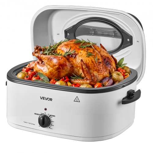 VEVOR Electric Roaster Oven, 22 Qt, Turkey Roasting Pan, White, 1450W Power, Viewing Self-Basting Lid, 150-450°F Heat Control, Countertop Turkey Cooker with Defrost/Warm, Removable Pan and Rack