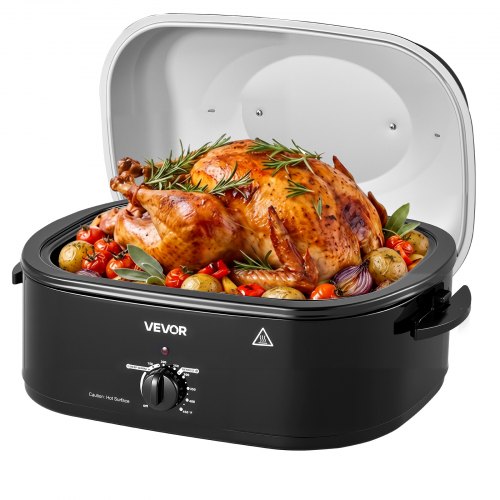 VEVOR Electric Roaster Oven, 18 Qt, Turkey Roasting Pan, Black, 1450W Power, Metal Self-Basting Lid, 150-450°F Heat Control, Countertop Turkey Cooker with Defrost/Warm, Removable Pan and Rack