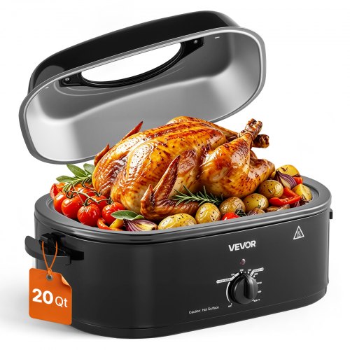 VEVOR Electric Roaster Oven, 20 Qt, Turkey Roasting Pan, Black, 1450W Power, Viewing Self-Basting Lid, 150-450°F Heat Control, Countertop Turkey Cooker with Defrost/Warm, Removable Pan and Rack