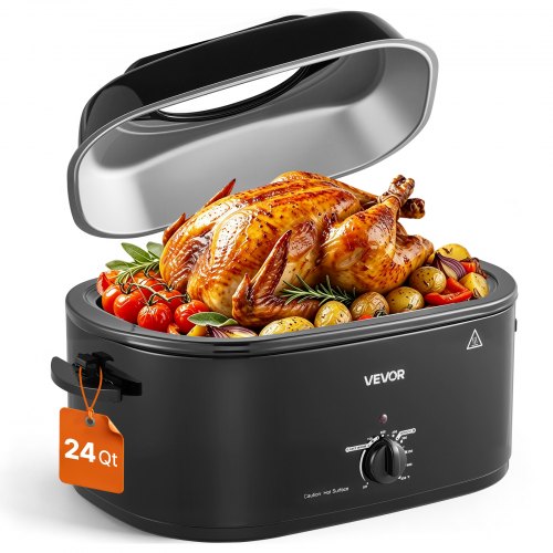 VEVOR Electric Roaster Oven, 24 Qt, Turkey Roasting Pan, Black, 1450W Power, Viewing Self-Basting Lid, 150-450°F Heat Control, Countertop Turkey Cooker with Defrost/Warm, Removable Pan and Rack
