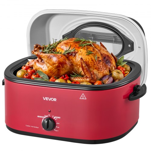 VEVOR Electric Roaster Oven, 24 Qt, Turkey Roasting Pan, Red, 1450W Power, Viewing Self-Basting Lid, 150-450°F Heat Control, Countertop Turkey Cooker with Defrost/Warm, Removable Pan and Rack
