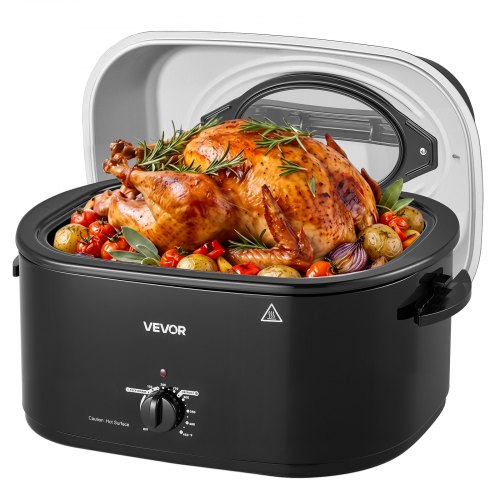 VEVOR Electric Roaster Oven, 26 Qt, Turkey Roasting Pan, Black, 1450W Power, Viewing Self-Basting Lid, 150-450°F Heat Control, Countertop Turkey Cooker with Defrost/Warm, Removable Pan and Rack