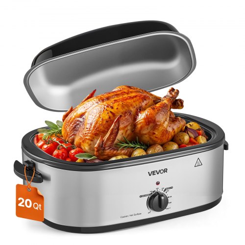 VEVOR Electric Roaster Oven, 20 Qt 1450W, Turkey Roasting Pan, Metal Self-Basting Lid, 150-450°F Adjustable Heat, Countertop Turkey Cooker with Defrost and Warm Functions, Removable Pan and Rack