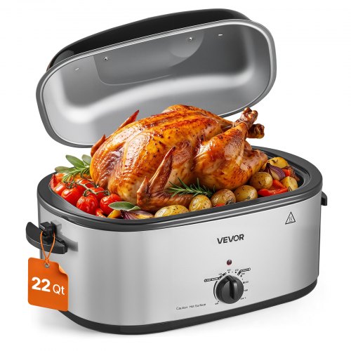 VEVOR Electric Roaster Oven, 22 Qt 1450W, Turkey Roasting Pan, Metal Self-Basting Lid, 150-450°F Adjustable Heat, Countertop Turkey Cooker with Defrost and Warm Functions, Removable Pan and Rack