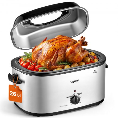 VEVOR Electric Roaster Oven, 26 Qt 1450W, Turkey Roasting Pan, Viewing Self-Basting Lid, 150-450°F Adjustable Heat, Countertop Turkey Cooker with Defrost and Warm Functions, Removable Pan and Rack