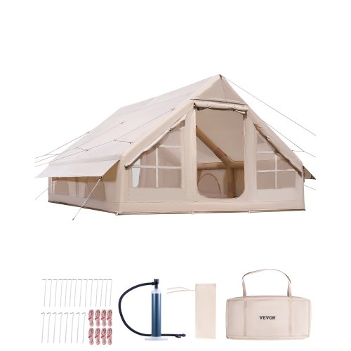 VEVOR Inflatable Tents for Camping, 5-8 Person Easy Setup Blow up Tent with Hand Pump, 300D Oxford Glamping Tent with Stove Jack 2 Doors & 4 Mesh Windows, Storage Bag Included for Easy Taking
