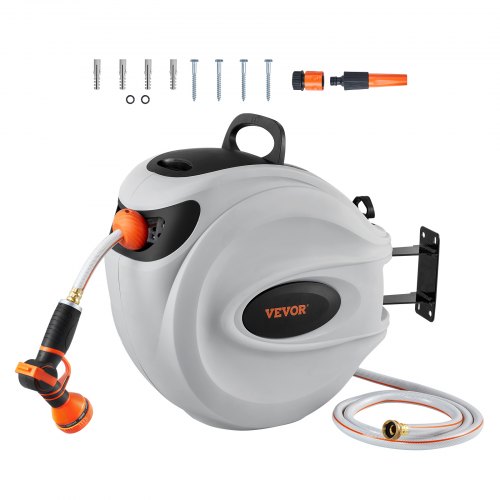 

VEVOR Retractable Hose Reel, 100 ft x 1/2 inch, 180° Swivel Bracket Wall-Mounted, Garden Water Hose Reel with 9-Pattern Nozzle, Automatic Rewind, Lock at Any Length, and Slow Return System