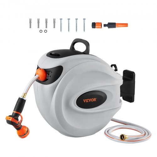 

VEVOR Retractable Hose Reel, 65 ft x 5/8 inch, 180° Swivel Bracket Wall-Mounted, Garden Water Hose Reel with 9-Pattern Nozzle, Automatic Rewind, Lock at Any Length, and Slow Return System