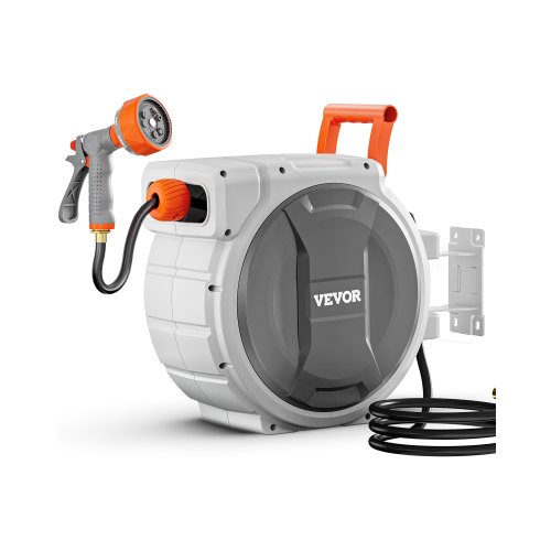VEVOR Retractable Garden Hose Reel, 5/8 Inch x 100 ft Wall Mounted, Heavy Duty with 9-Pattern Nozzle, Adjustable Length Lock, Upgraded Slow Return System & 180° Swivel Bracket VEVOR Retractable Garden Hose Reel, 5/8 Inch x 100 ft Wall Mounted, Heavy Duty with 9-Pattern Nozzle, Adjustable Length Lock, Upgraded Slow Return System & 180° Swivel Bracket