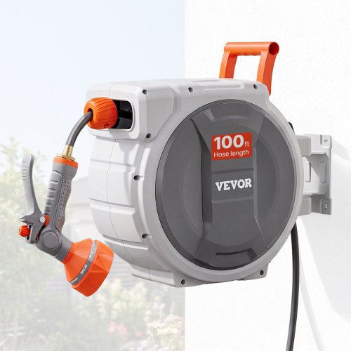 VEVOR Retractable Garden Hose Reel, 5/8 Inch x 100 ft Wall Mounted Hose Reel, Heavy Duty Garden Hose Reel with 9 Patterns Nozzle, Any Length Lock, Upgraded Slow Return System and 180°Swivel Bracket