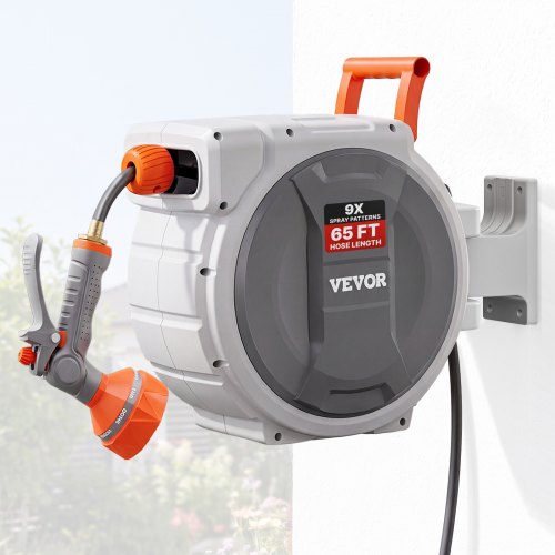 

VEVOR Retractable Garden Hose Reel, 1/2 Inch x 65 ft Wall Mounted Hose Reel, Heavy Duty Garden Hose Reel with 9 Patterns Nozzle, Any Length Lock, Upgraded Slow Return System and 180°Swivel Bracket