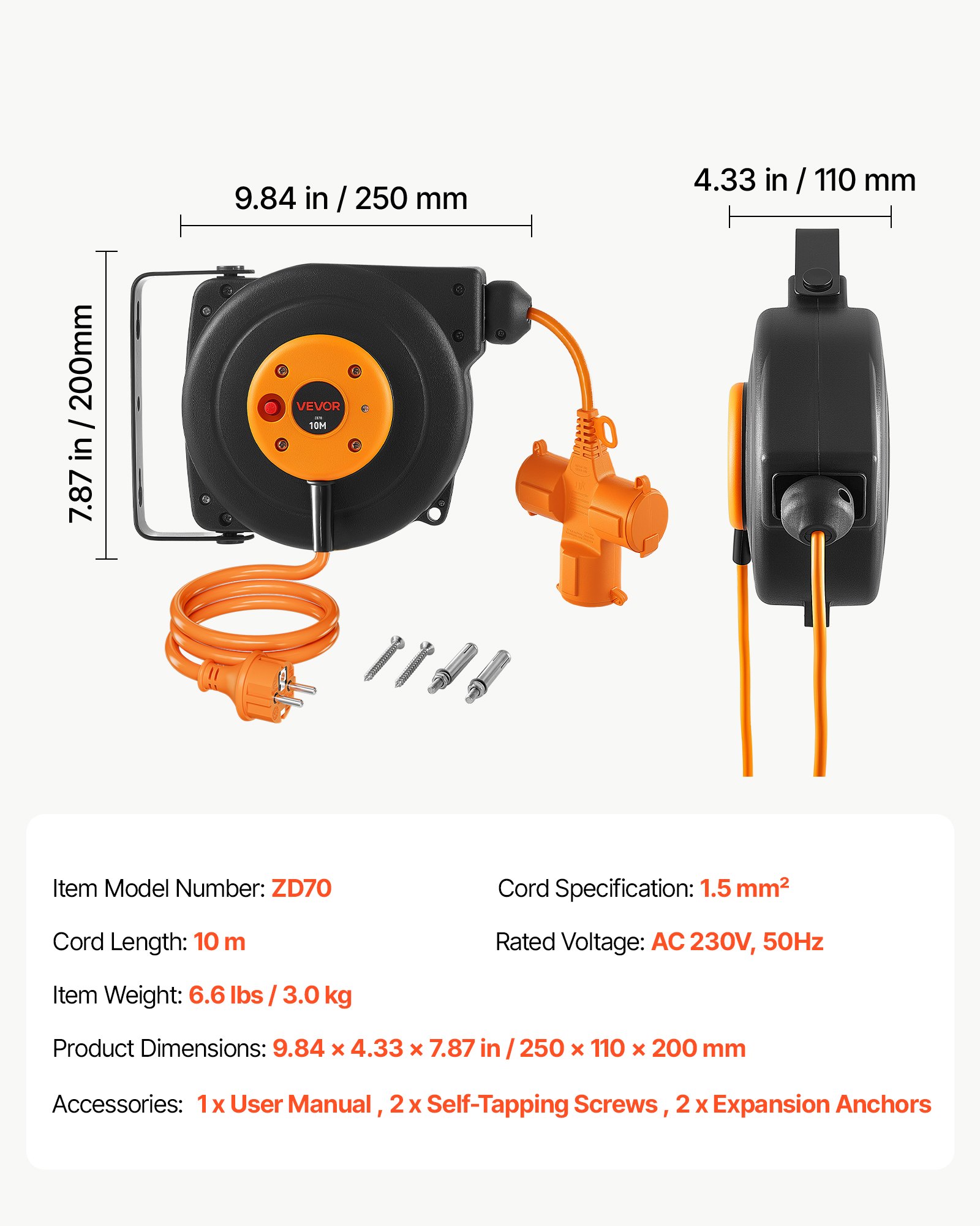Sissetõmmatav pikendusjuhtme rull 10 M raskeveokite 16AWG / 3C oranž, 16 AWG