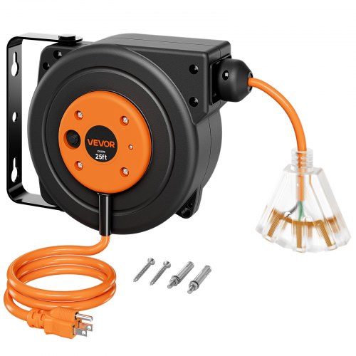Vevor Retractable Extension Cord Reel 25FT Heavy Duty 14AWG/3C Sjtow Orange, For Ceiling/Wall Mount, 13A Circuit Breaker, Automatic Retractable Power-image