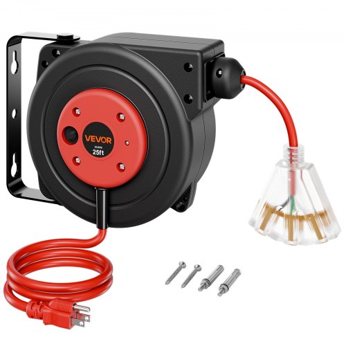 Vevor Retractable Extension Cord Reel 25FT Heavy Duty 14AWG/3C Sjtow Red, For Ceiling/Wall Mount, 13A Circuit Breaker, Automatic Retractable Power Cor-image