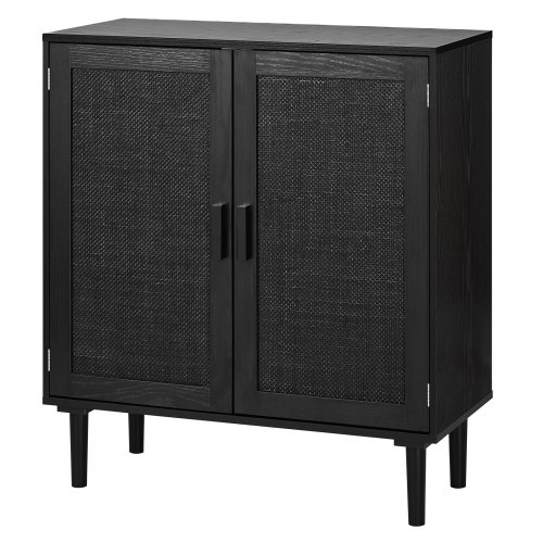 

VEVOR Rattan Cabinet, Rattan Storage Cabinet with 2 Magnetic Doors and Adjustable Shelves, Accent Sideboard Buffet with Wooden Legs & Power Cord Hole for Hallway, Entryway, Living Room, Kitchen, Black