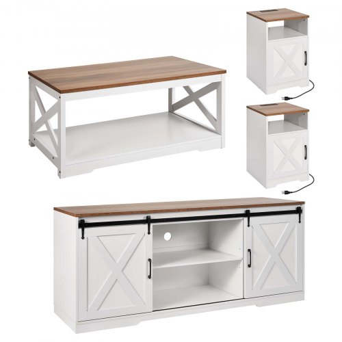 

VEVOR 4 Pieces Farmhouse Coffee Table Sets, 40 in Coffee Table with 2 End Tables and 66 in TV Stand, Easy Assembly Living Room Tables Sets with Charging Station, for Office, Living Room & Apartment
