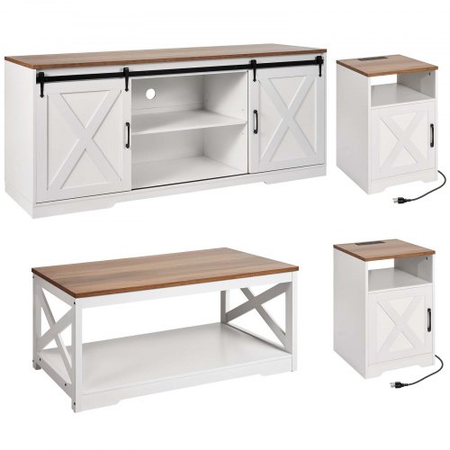 

4 Piece Farmhouse Coffee Table Set with 66 in TV Stand & 2 End Tables