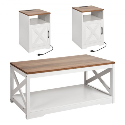 3 Piece Farmhouse Coffee Table Set 40 in with 2 End Table for Living Room