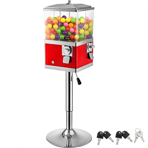 VEVOR Vending Machine with Stand,Rotatable Four Compartments Square Candy Vending Machine, PC & Iron Large Gumball Bank Adjustable Dispenser Wheels for 1" Gumballs (Red)