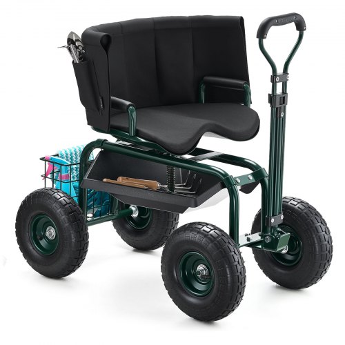

Rolling Garden Cart with Swivel Seat Backrest Toolbox Wheel Extendable Handle