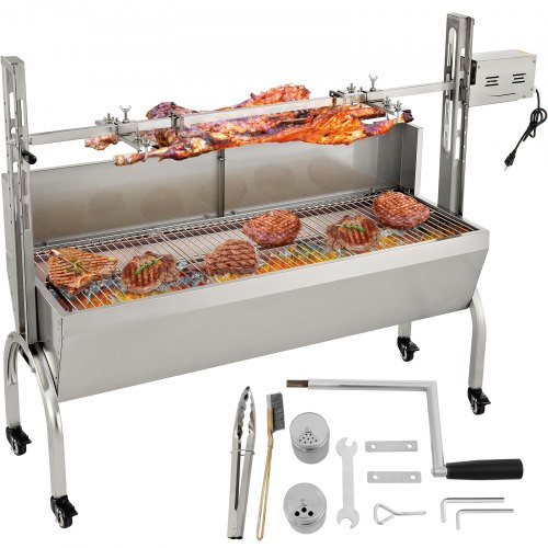 VEVOR Rotisserie Grill 132lbs Capacity, 50 Inch Stainless Steel Pig Lamb Spit Grill Roaster, with 40W Motor & Adjustable Height Lockable Casters & Baffle for Outdoor Camping Party Campfire Barbecue
