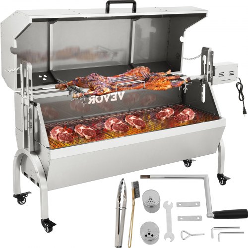 VEVOR 132 LBS Rotisserie Grill Stainless Steel Pig Lamb Hooded Roaster 50" Electric Charcoal Spit with 40W Motor & Adjustable Height Lockable Casters for Outdoor Camping Party Barbecue, Silver