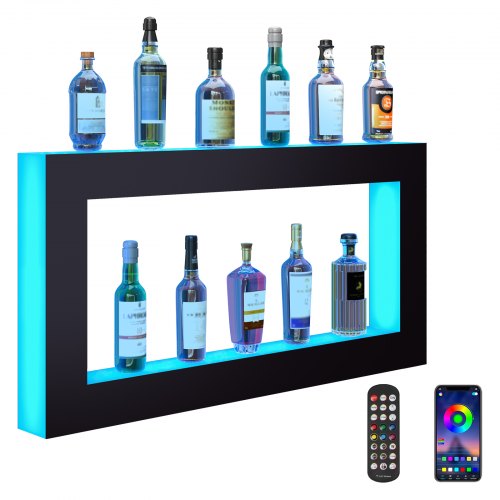 

VEVOR LED Lighted Liquor Bottle Display, Square 48 Inch, Illuminated Home Bar Shelf with RF Remote & App Control 7 Static Colors 1-4 H Timing, Acrylic Wall-Mounted Drinks Lighting Shelf for 24 Bottl