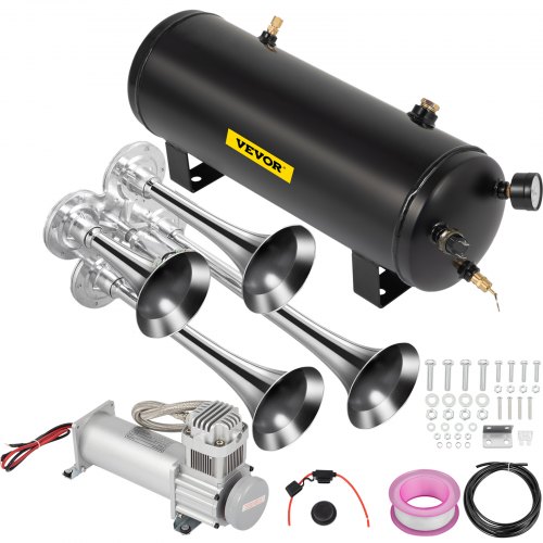 

VEVOR Train Horns Kit For Trucks Train Horn Kit 150DB 2.6 Gal Train Air Horn Kit For Truck 12V Train Horn For Complete Kit 200PSI Train Horn For Car 4 Stainless Steel Trumpets For Car Truck BLACK