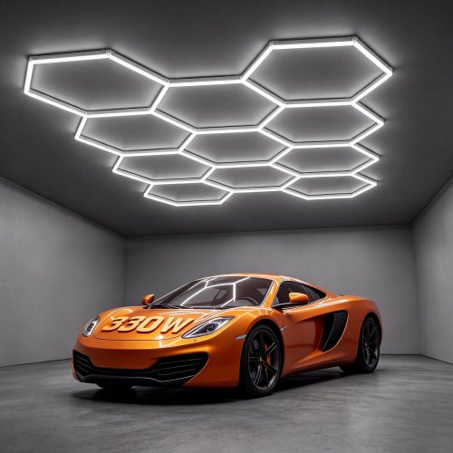 Vevor Hexagon Garage Lights 330W 39600LM 6500K 11 Grid Systems LED Light, Bright Honeycomb Hex Car Detailing Lighting, Easy Install, Durable PC Material, for Garage, Warehouse, Workshop, Shop, Gym