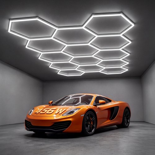 VEVOR Hexagon Garage Lights 456W 54720LM 6500K 14 Grid Systems LED Light, Bright Honeycomb Hex Car Detailing Lighting, Easy Install, Durable PC Material, for Garage, Warehouse, Workshop, Shop, Gym