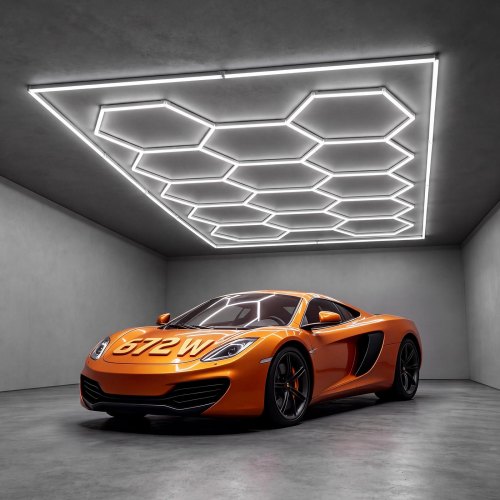 Vevor Hexagon Garage Lights 672W 80640LM 6500K 14 Grid Systems LED Light, Bright Honeycomb Hex Car Detailing Lighting, with Rectangle Frame, Easy Install, for Garage, Warehouse, Workshop, Shop, Gym