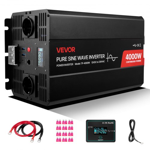 VEVOR 4000W Power Inverter, 12V DC to 230V AC Pure Sine Wave Inverter, Solar Car Charger Converter with LCD Display, Remote Control, 2 USB Ports, 2 AC Outlets, Type-C Port, for RV, Truck Outdoor