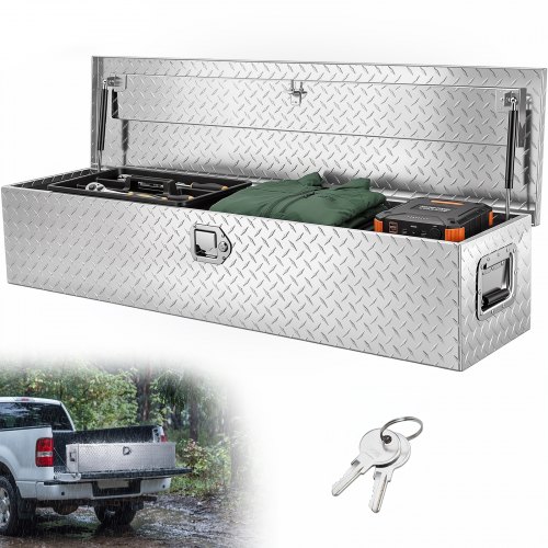 VEVOR Heavy Duty Aluminum Truck Bed Tool Box, Diamond Plate Tool Box with Side Handle and Lock Keys, Storage Tool Box Chest Box Organizer for Pickup, Truck Bed, RV, Trailer, 48"x15"x15", Silver