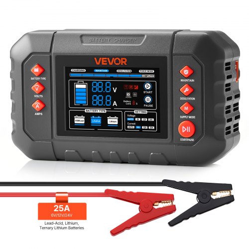 

VEVOR Smart Battery Charger, 25A, 6V 12V 24V Ternary Lithium LiFePO4 Lead-Acid (Gel/AGM) Battery Charger, with 3.4-Inch LCD Display, Trickle Charging Maintainer Desulfator, for Car, Boat, Motorcycle
