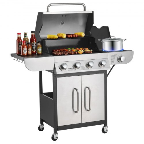 VEVOR 4-Burner Propane Gas Grill w/ Side Burner Garden BBQ Grill Stainless Steel