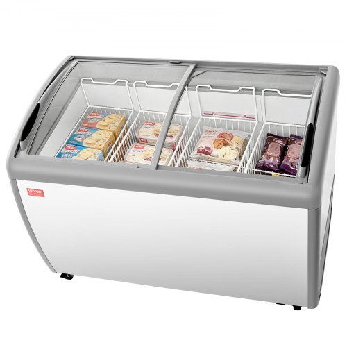 

VEVOR Commercial Ice Cream Display Case, 12.8 Cu.ft Chest Freezer, -19 to 3℉ Temp Adjustable Mobile Top Deep Freezer with 4 Wire Baskets, 2 Sliding Glass Doors, Locking Casters & LED Strip Lighting