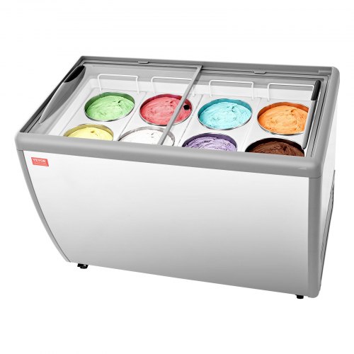 

VEVOR Commercial Ice Cream Display Case, 13.1 Cu.ft Chest Freezer, Restaurant Gelato Dipping Cabinet Top Deep Freezer with Locking Casters, Sliding Glass Door, LED Lighting, Hold 8 Ice Cream Tubs