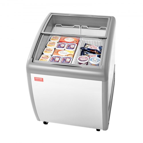 

VEVOR Commercial Ice Cream Display Case, 5.4 Cu.ft Chest Freezer, -19 to 3℉ Temp Adjustable Mobile Top Deep Freezer with 2 Wire Baskets, 2 Sliding Glass Doors, Locking Casters & LED Strip Lighting