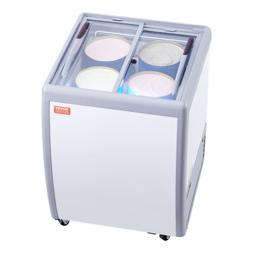 

VEVOR Commercial Ice Cream Display Case, 5.6 Cu.ft Chest Freezer, Mobile Glass Top Deep Freezer, Restaurant Gelato Dipping Cabinet with 4 Large Tubs, 2 Sliding Glass Doors, Locking Casters, White