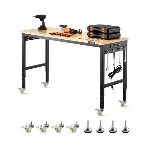 VEVOR Werkbank 1524x559x711-1030mm, 907 kg Tragkraft, Werktisch mit Steckdose, Rädern und Stecktafel, robuster Arbeitstisch mit Eichenholzplatte für Garage, Werkstatt, Büro und Zuhause