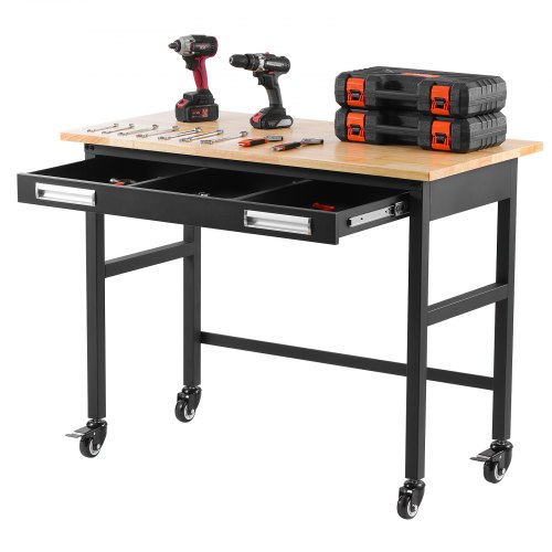 

VEVOR 48-inch Workbench, 1500 lbs Load Capacity, Garage Workbench with Drawer Storage & Wheels, Workshop Bench on Wheels, Heavy Duty Oak Wood Top Work Table for Garage, Workshop, Office, and Home
