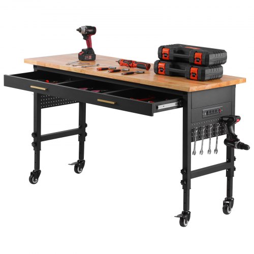 

VEVOR 60-inch Adjustable Workbench, 1500 lbs Load Capacity, Garage Workbench with Drawer, Power Outlet, Wheels, and Pegboard, Heavy Duty Oak Wood Top Work Table for Garage, Workshop, Office, and Home
