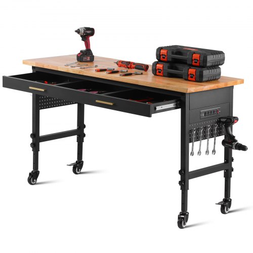 

VEVOR 1524 mm Workbench on Wheels Adjustable Height Table Power Outlet & Drawer